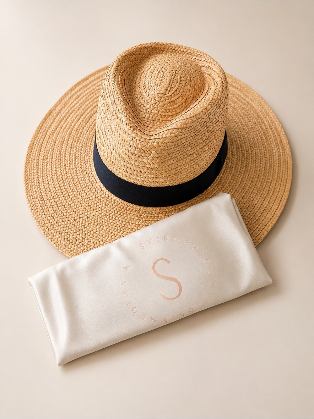 Wide-Brim Raffia Hat with Black Band and dust bag